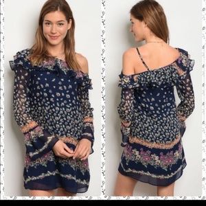Off Shoulder Lined Navy Floral Dress